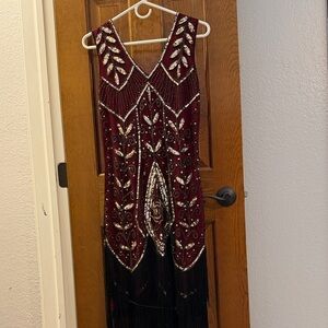 Elegant Burgundy Beaded Dress with Fringe